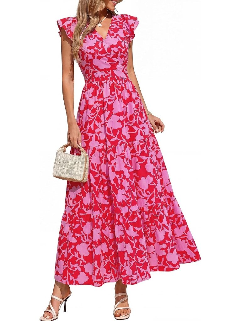 Women's Red Pink Flower V Neck Floral Ruffle Sleeve Flowy Long Beach Boho Sun